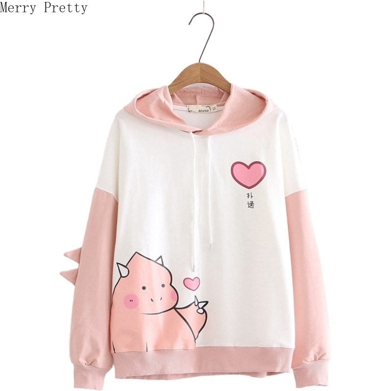 Women Cartoon Dinosaur Print Funny Hoodies Sweatshirts With Horns On Hooded Harajuku Cute Cotton Pullover Casual Loose Tracksuit 201102