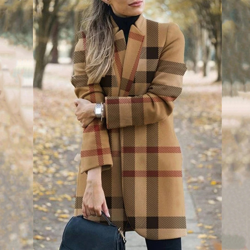 Autumn And Winter Women's New Long-sleeved Lapel Coat Printed Woolen Coat Fashion Striped Plaid Slim Coats Oversized 201216