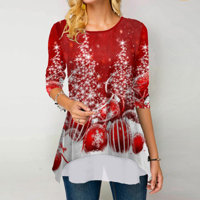 Women Christmas Blouse Shirt Plus Size Santa Claus Print Xmas Long Sleeve Tops Shirts Winter Female Roupas Feminina Lady Blouses 201201