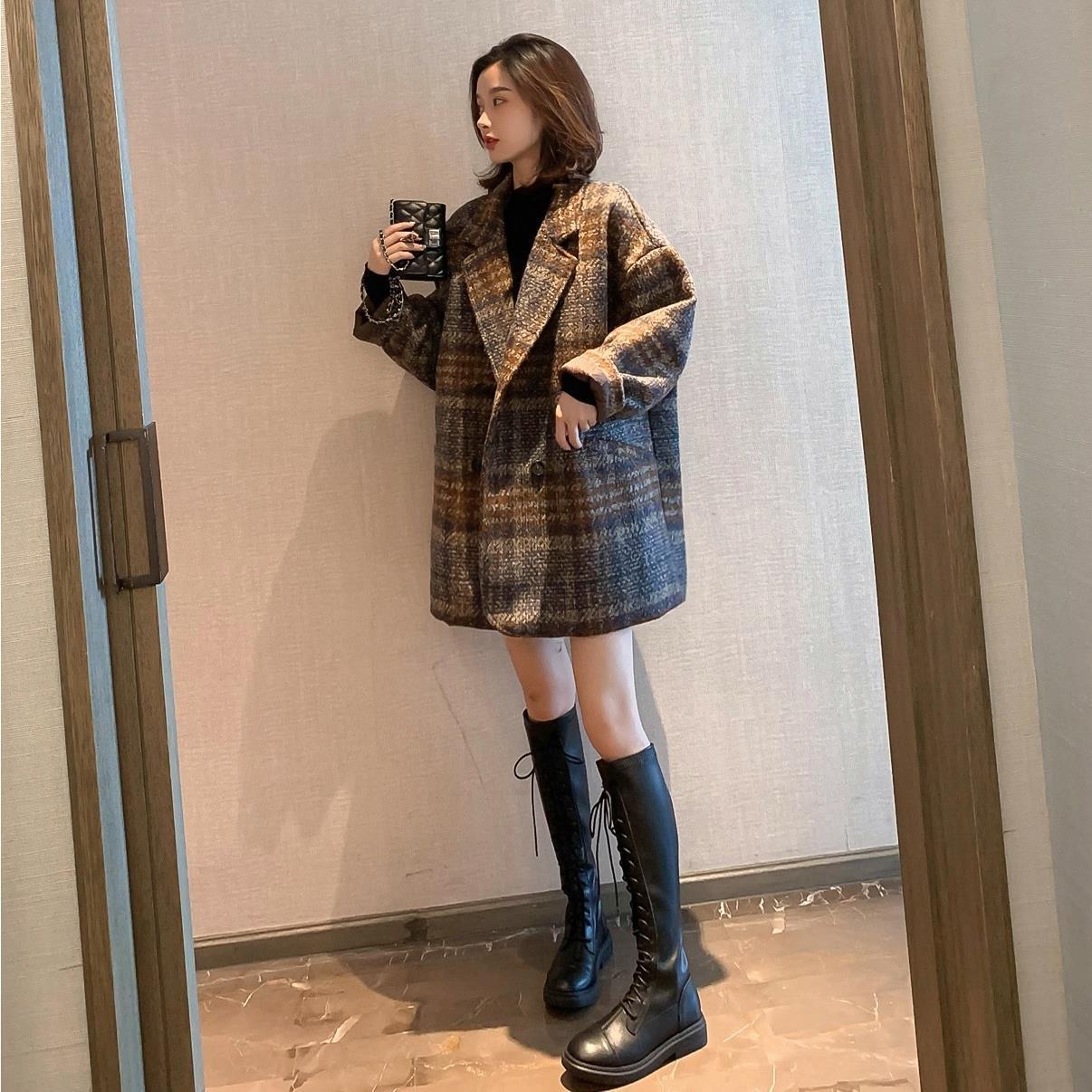 Harajuku Woolen Plaid Jacket Female Korean Version of The School Long Section Ladies Coat 2020 Winter Leisure Loose Warm Jackets LJ201128