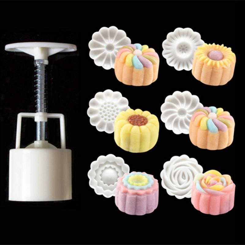 6Pcs/set Flower Mooncake Mold DIY Hand Pressure Fondant Moon Cake Biscuits Moulds Mid-autumn Festival Baking Tools T200703