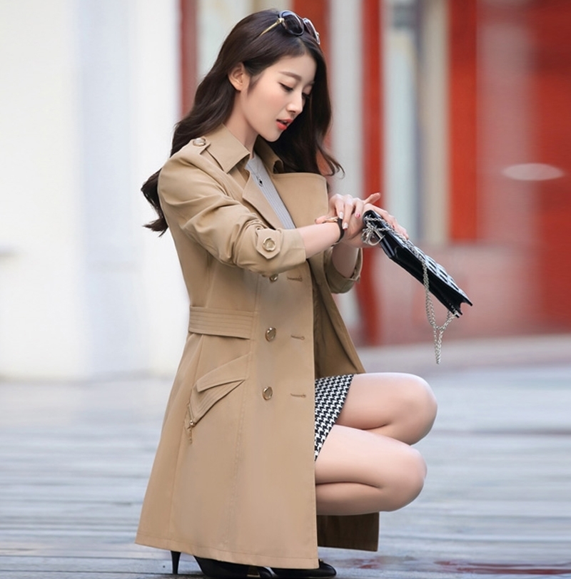 Women Casual Double-breasted Trench Coat Spring Autumn Slim Meidum Long Elegant Woman Outerwear Korean Style Windbreaker 201102