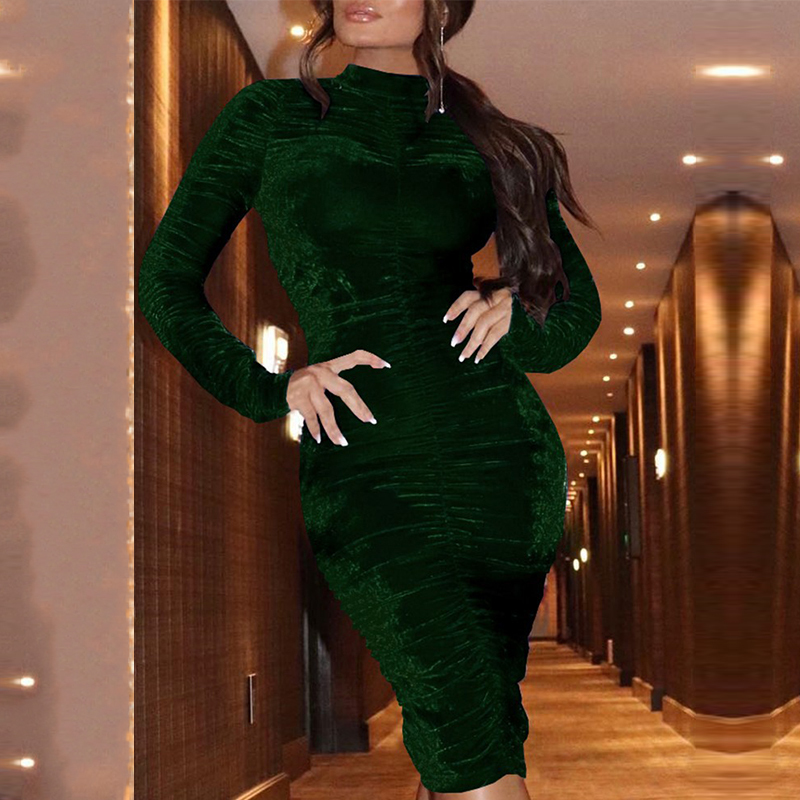 OMSJ Fall Winter Velvet Ruched Elegant Party Fashion Dresses Evening Party Office Lady Dress Long Sleeve Bodycon Sexy Dress 201125