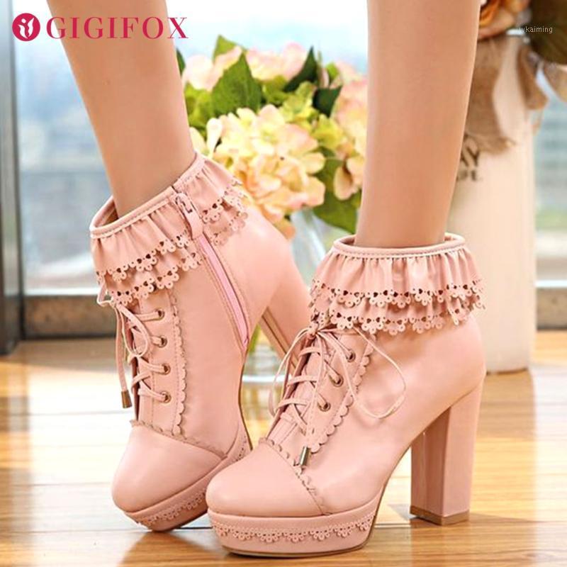 

2021 Brand Plus size 48 High Heels Scalloped Lace Sweet Gothic Style Lolita Cosplay Platform Ankle Boots Women Shoes1, White