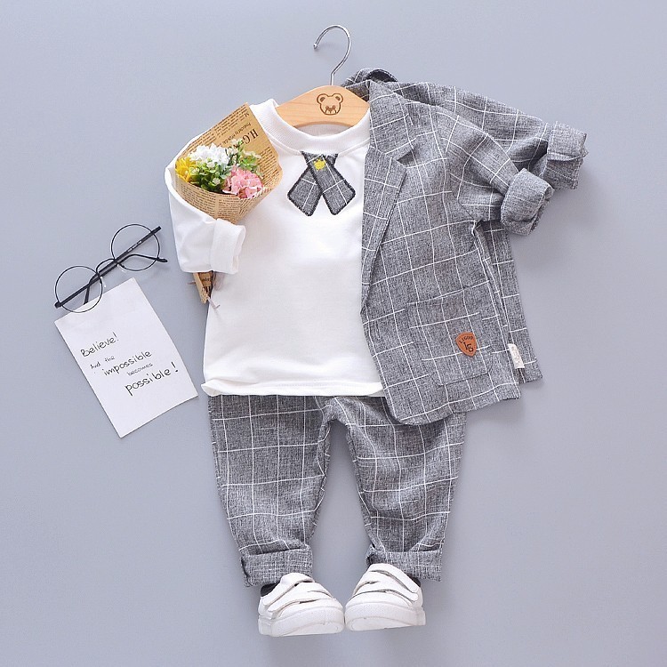 2020 New Spring Children Kids Tie Blazer Formal Cotton Gentleman Casual Boys Jackets T-Shirt Pants 3pcs/sets Infant Suit Clothes LJ200831
