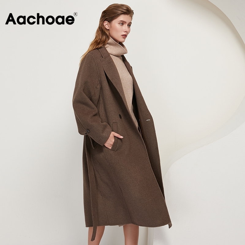 Aachoae Solid Color 100% Wool Long Coat Women Loose Casual Long Sleeve Sashes Outerwear Double Breasted Chic Ladies Overcoat 201216