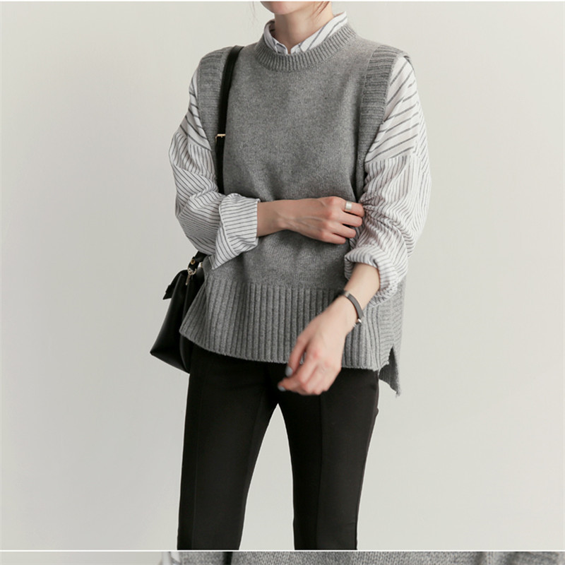 solid loose sweater spring autumn Women's vest knitted vest O neck joker knitted vest womens vests winter outerwear plus size 201211