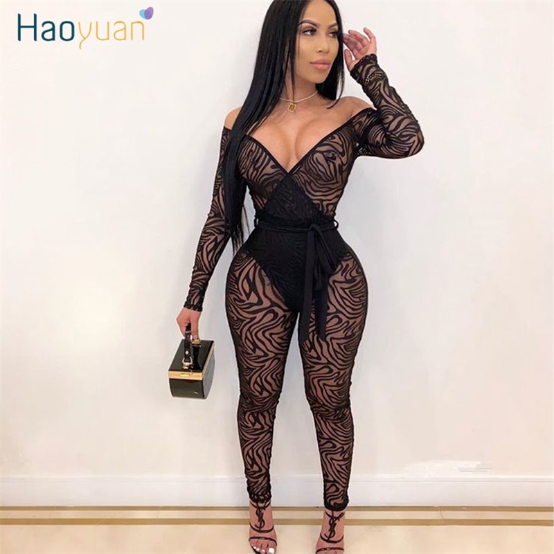 HAOYUAN Sexy Zebra Black Mesh Sheer Jumpsuit Women Club Outfits Transparent Off Shoulder Long Sleeve Bodycon Rompers Overalls T200509