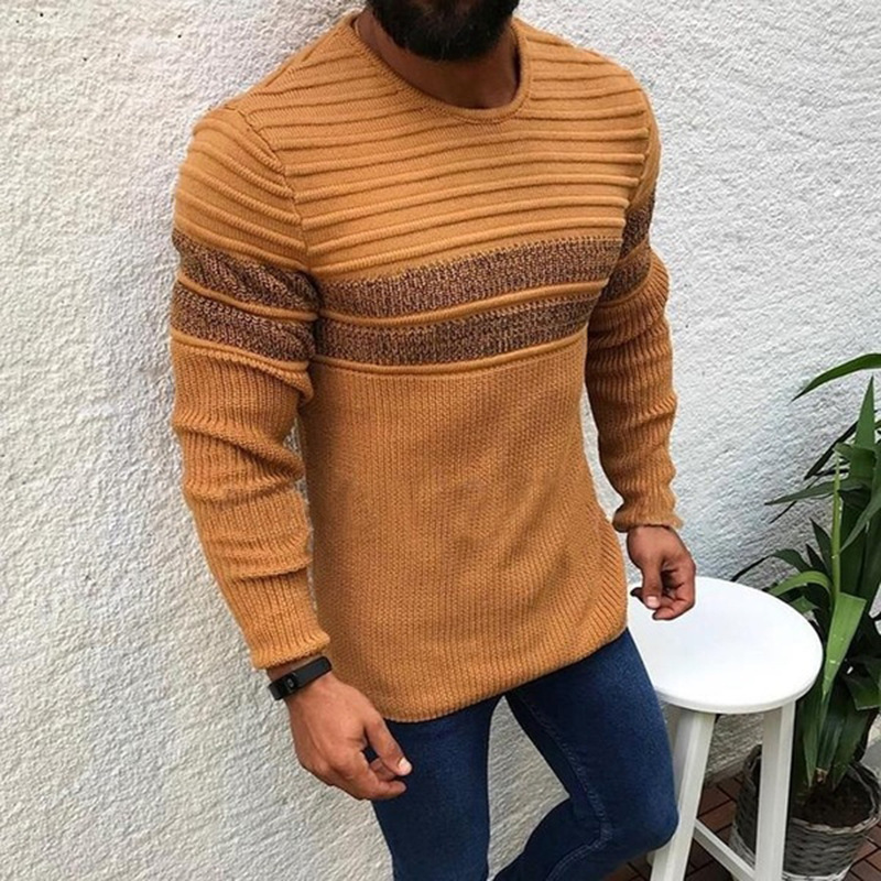 Men's Casual Stripe Pullover Sweater Long Sleeve Slim Fit Knitted Cotton Top For Autumn Winter B1