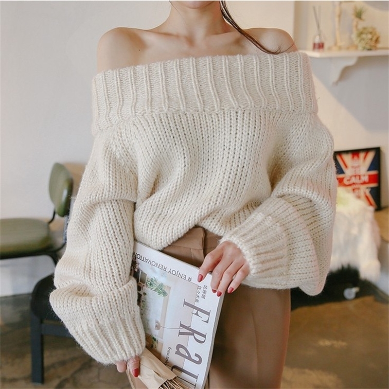 Fashion Slash-neck Full Sleeve Knitted Sweater Women Cold Shoulder Elastic Knitted Pullovers Femme Sexy Off-shoulder Jumper 201201