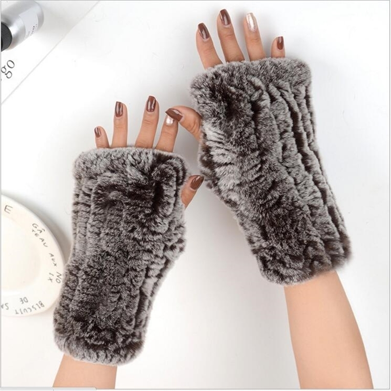 Women's 100% Real Genuine Knitted Rex Rabbit Fur Winter Fingerless warm soft Gloves Mittens Arm Sleeve 201021