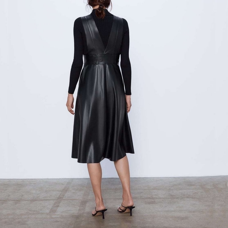 Fashion Autumn Winter Women Midi Mid-Calf Faux Leather Tank Dresses Office Ladies A-Line V-Neck Buttons Pockets PU Dress T200911