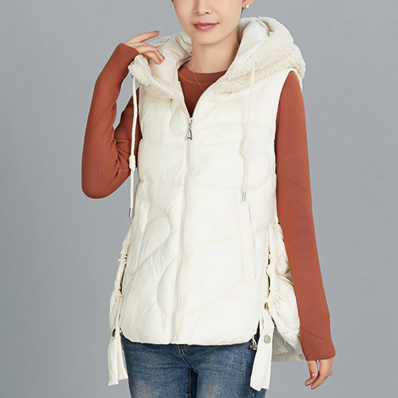 Women hooded vest jacket Autumn Winter casual padded warm Lamb wool hat solid sleeveless waistcoat jacket 201211