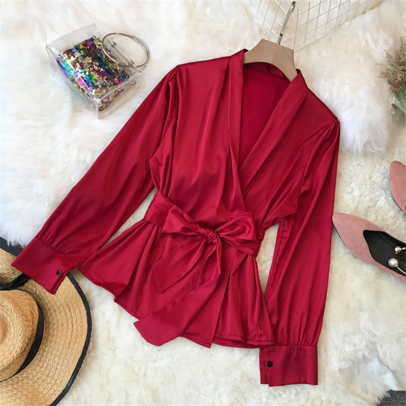 Neploe Autumn Solid Vneck Women Shirts Long Sleeve Bow Lace Up Blouse Sashes Slim Elegant Fashion New Blusa Feminina 68339 T200322