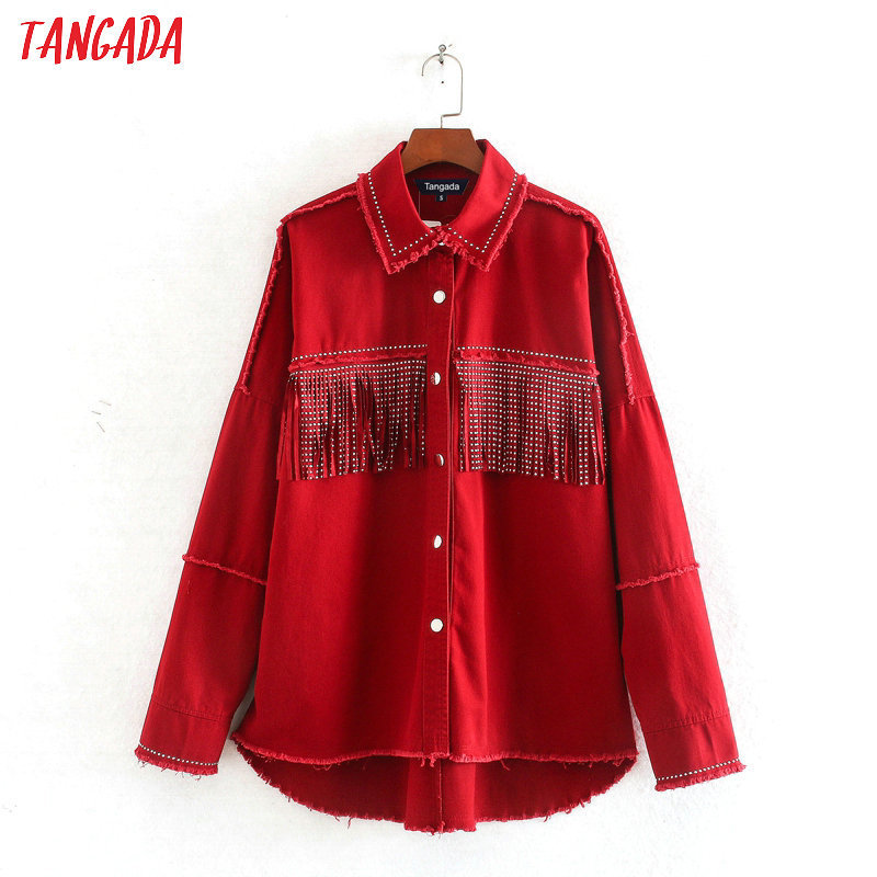 Tangada women fashion red oversized jackets tassels turn down collar coat ladies streetwear tops CE130 201029