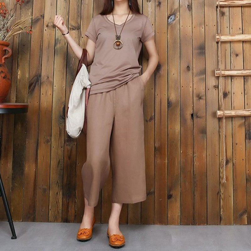 New Arrival Summer Style Women Pants Plus Size High Waist Loose Casual Wide Leg Pants Solid Cotton Linen Calf-length Pants D164 201109