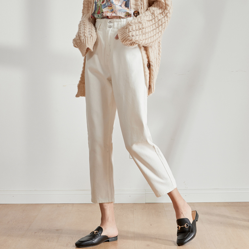 LEIJIJEANS Autumn Plus size womens elastic waist high waist harem pants doublebreasted white and black ladies jeans 201109