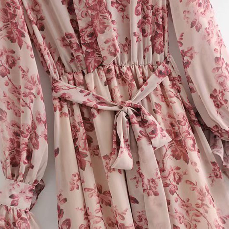 Vintage Floral Print Sashes Ruffled Pleated Dress Women 2020 Fashion Bow Tie Collar Long Sleeve Dresses Casual Vestidos Mujer LJ201204