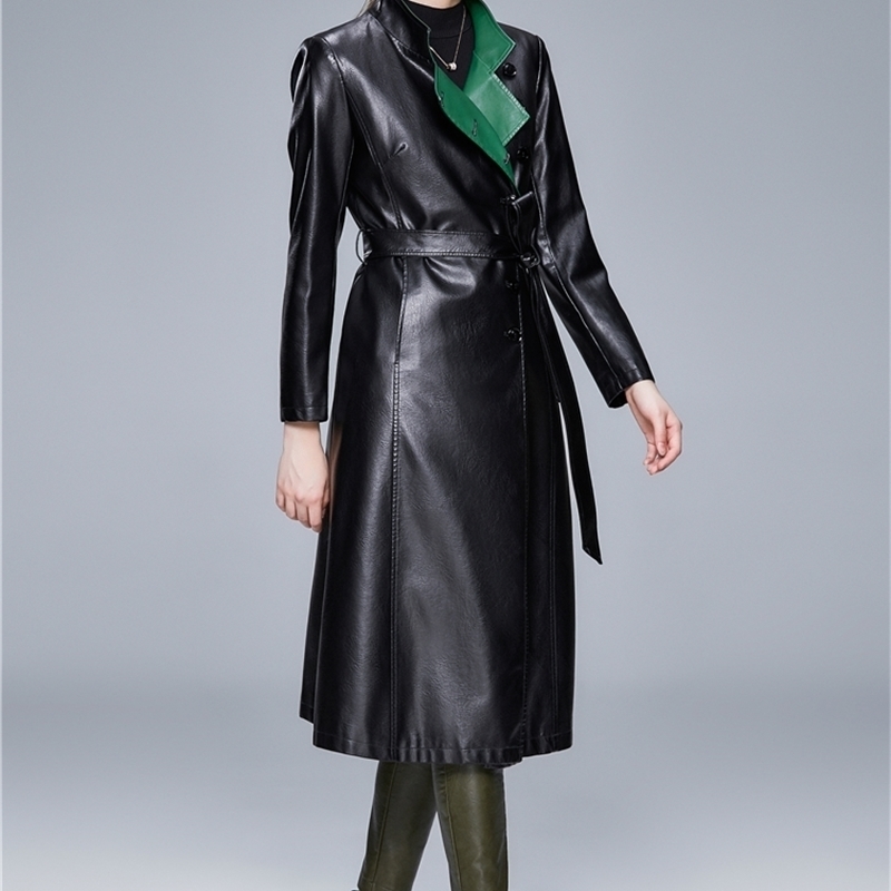 Women Black Red Pleated Big Size Pu Leather Trench New Lapel Long Sleeve Loose Windbreaker Fashion Spring Autumn 201031