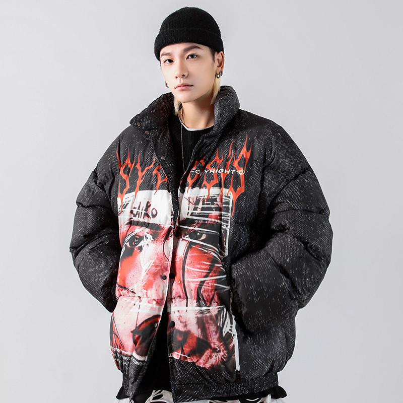 Mens Hip Hop Oversized Parka Jacket Streetwear Illusion Girl Print Jacket Harajuku Cotton Winter Padded Jacket Coat Warm Outwear 201128