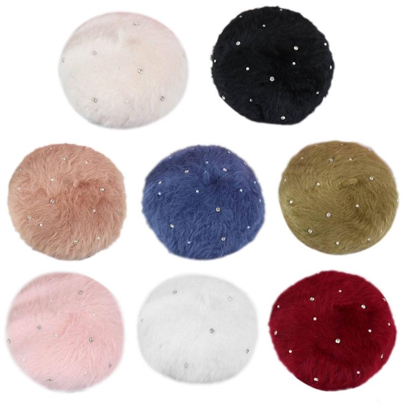 

French Style Women Winter Fuzzy Plush Beret Cap Rhinestone Faux Pearl Embellished Solid Color Painter Pumpkin Beanie Hat, White