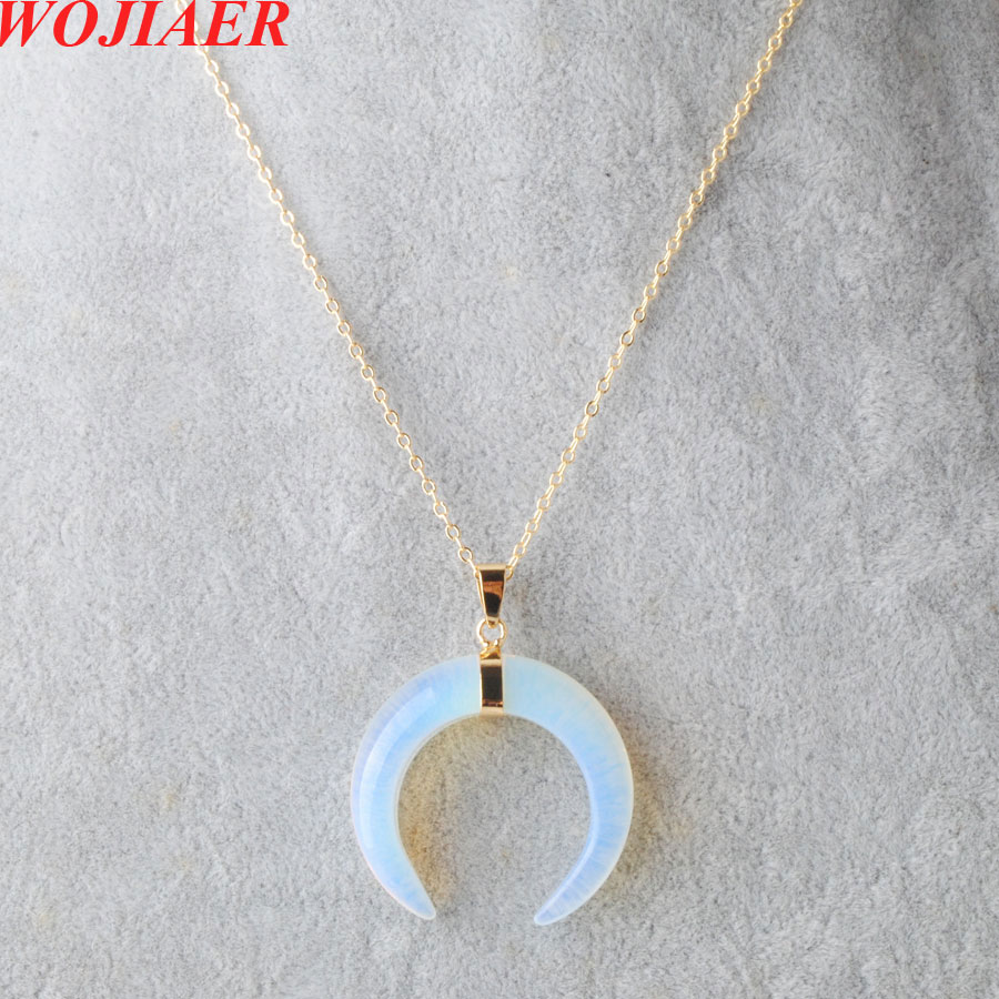 WOJIAER Crescent Moon Pendants & Necklaces Natural Lapis Lazuli Rose Quartz Opalite Stones Gold Color Women Jewelry BO951