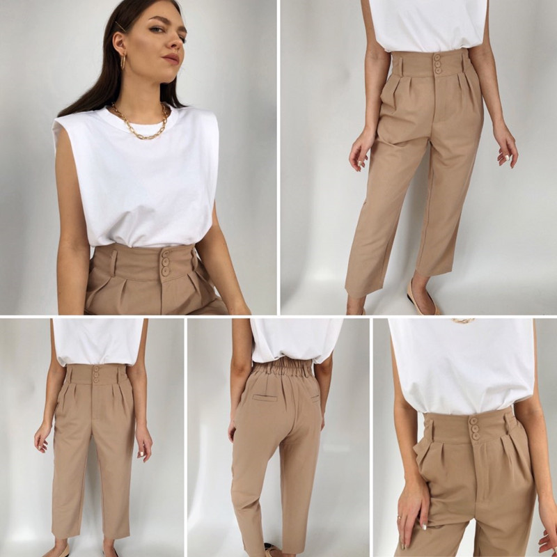 Autumn 2020 New Korean OL Style Women Formal Harem Pants Pockets High Waist Elegant Office Lady Button Ankle-Length Pants LJ201030