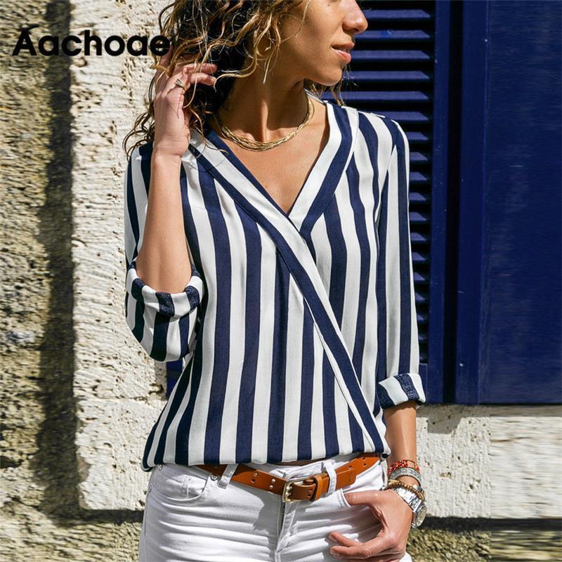 Aachoae Women Striped Blouse Shirt Long Sleeve V-neck Shirts Casual Tops Blouse et Chemisier Femme Blusas Mujer de Moda 201130