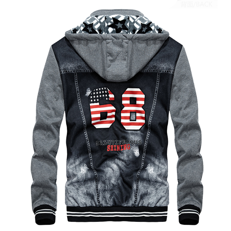 Men's Slim Flag Patch Jeans Jacket Men Autumn Hooded Patchwork Hip Hop Denim Coats Casual Balck Printed Denim Coat Outerwear 201218