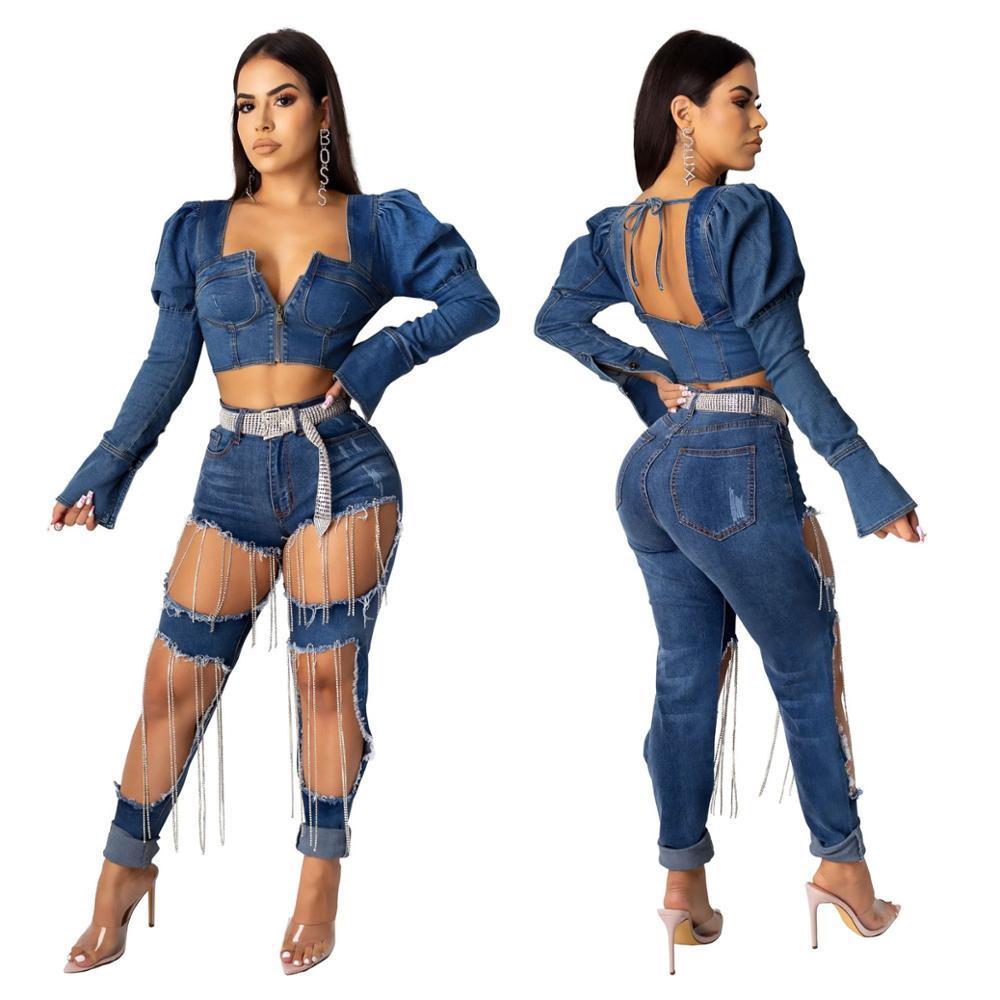 Wjustforu Sexy Bandage Short Denim Jacket For Women Zipper Casual Flare Sleeve Jean Coat Female Fashion Hollow Out Party Jacket 201026