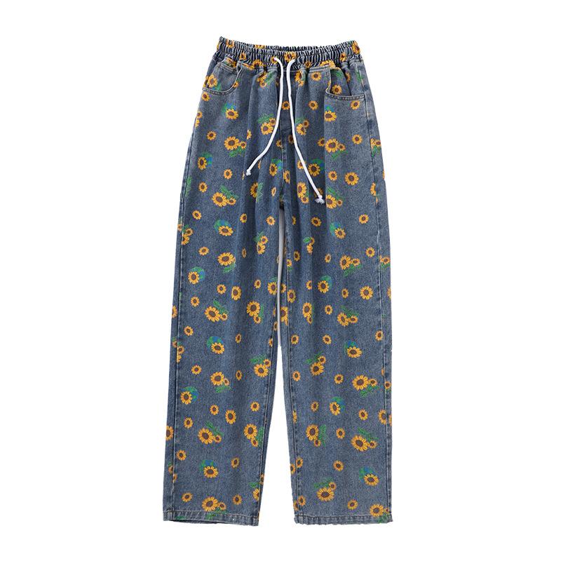 2020 new loose-fitting straight pants high street hip-hop sunflower print casual jeans trend men's and women's skateboards, Blue
2020 new loose-fitting straight pants high street hip-hop sunflower print casual jeans trend men's and women's skateboards, Blue