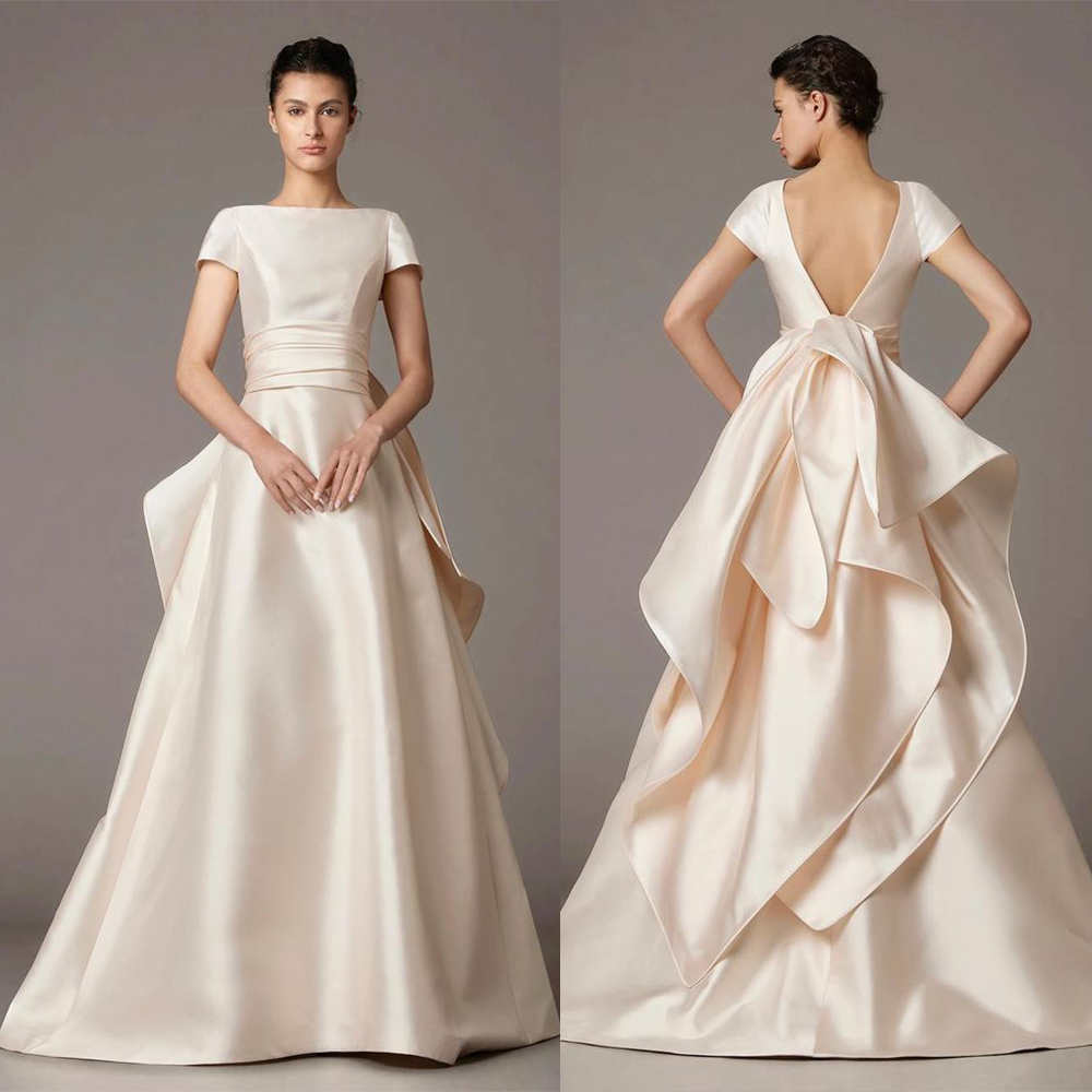 Champagne Short-sleeved Turtleneck Dress Satin Bow Noble And Pure or Length Custom Made Plus Size Club Skinny Wedding Guest Dresses