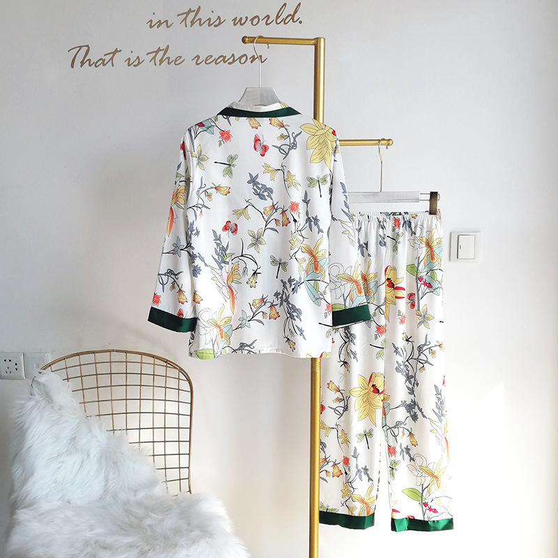 Lisacmvpnel Women's Long-sleeved Ice Silk Pajamas Two-piece Set Summer Satin Pajama Set Thin V-neck Cardigan Pyjamas 201027