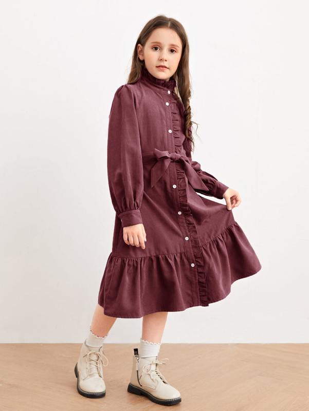 Girls Button Front Tie Front Ruffle Hem Dress SHE