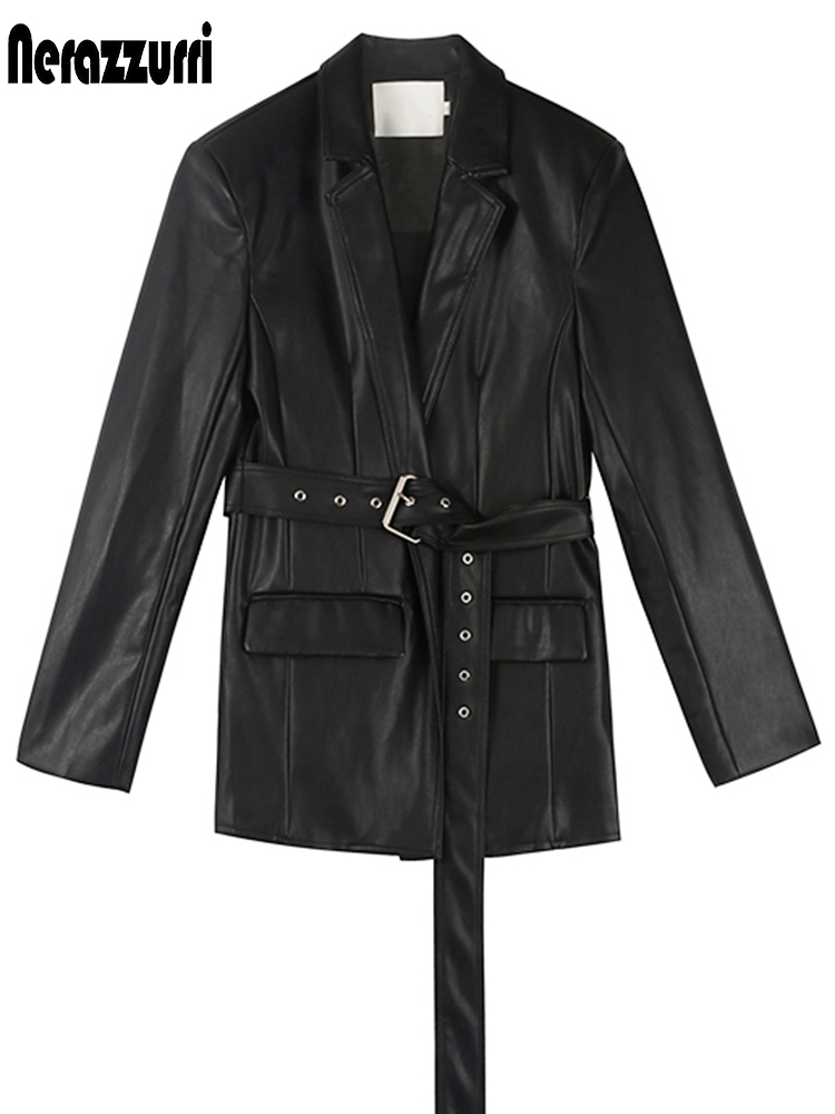 Nerazzurri Autumn light soft leather blazers women belt long sleeve pu faux leather jacket women Plus size fashion 5xl 201020