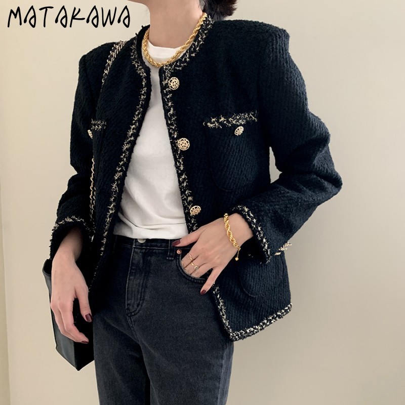 MATAKAWA Korean Round Neck Trim Woolen Coat Woman Single Breasted Loose Multi-pocket Long Sleeve Fall Clothes for Women 201216