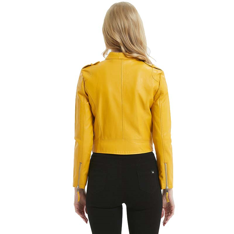 Yellow Petite Stand Collar Faux Leather Biker Jacket for Women Cute Ladies Epaulet Slant Zipper Cropped Moto PU Leather Jacket 201030