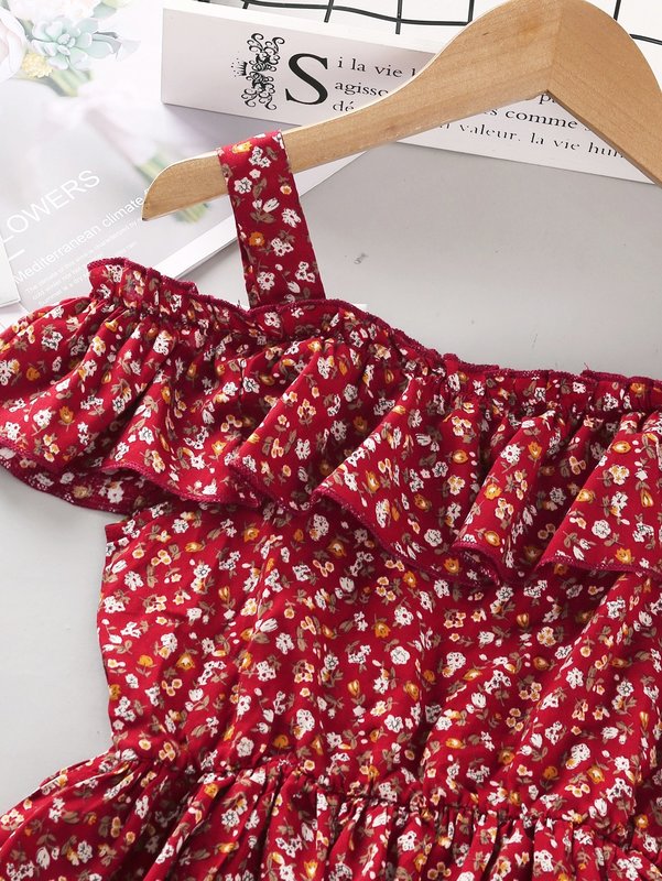 Girls Ditsy Floral Cold Shoulder Ruffle Trim Bow Front Dress SHE