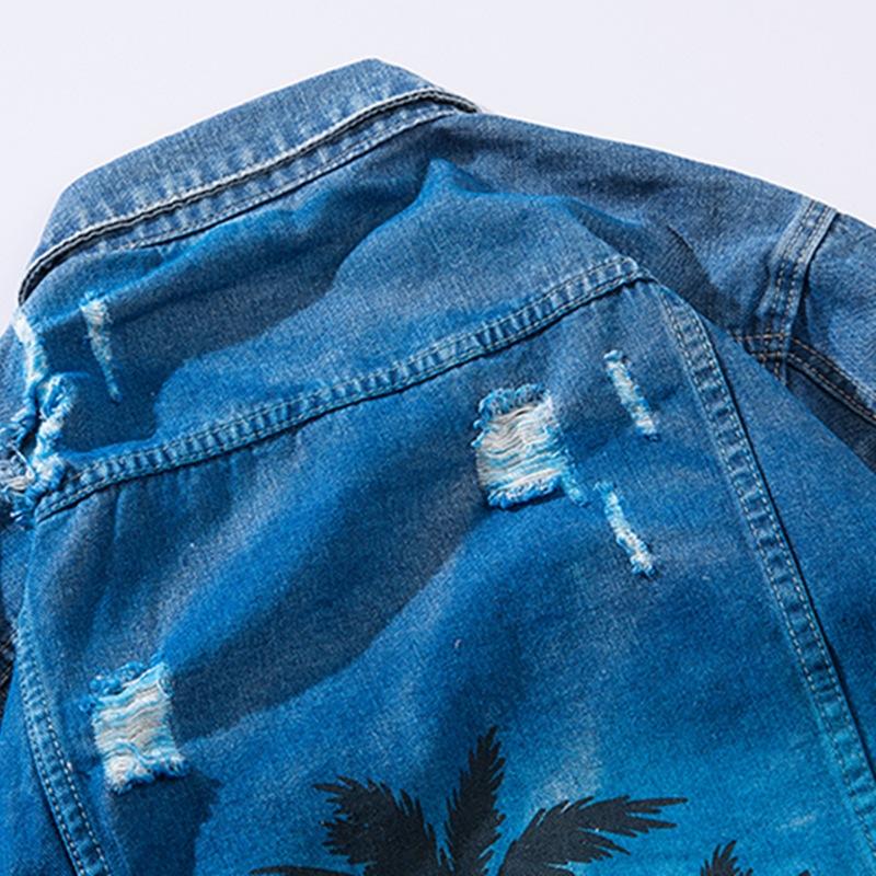 Palm Coconut Tree Printing 2020 Hot Denim Bomber Jacket Men's Jeans Jacket High Street Loose Hip Hop Hole Jaqueta Masculina1