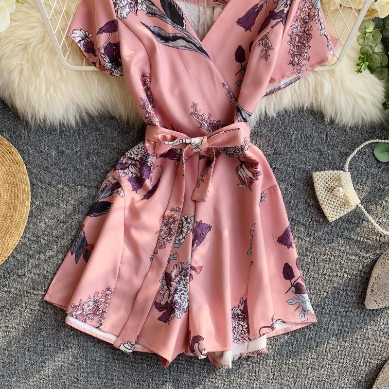 Vintage Boho slim floral print 2020 V Neck Jumpsuit Casual Sexy Women bandage rompers Short Summer Playsuit Beach Holiday Romper T200526
