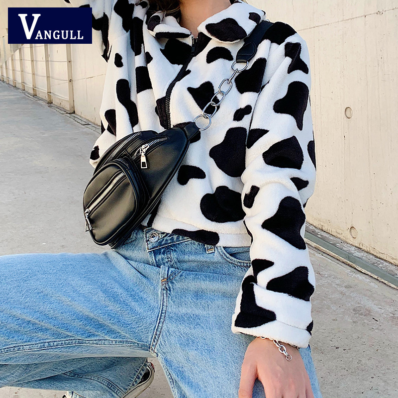 Vangull Fur Coats For Women Cow Print Teddy Jacket Modis Longslive Zipper Casual Warm Autumn Winter Harajuku Coat Female 201017