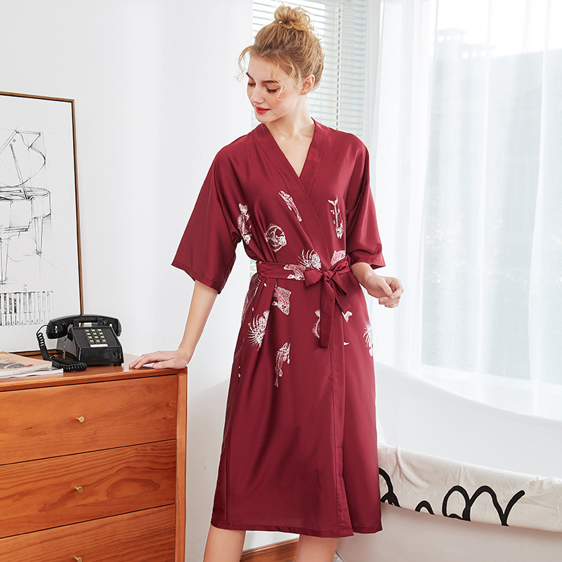 Women Silk Sexy Kimono Bathrobe Knee Length Bridesmaid Fish Bone Satin Bath Robe Red Bride Dressing Gown for Wedding Sleepwear 210203