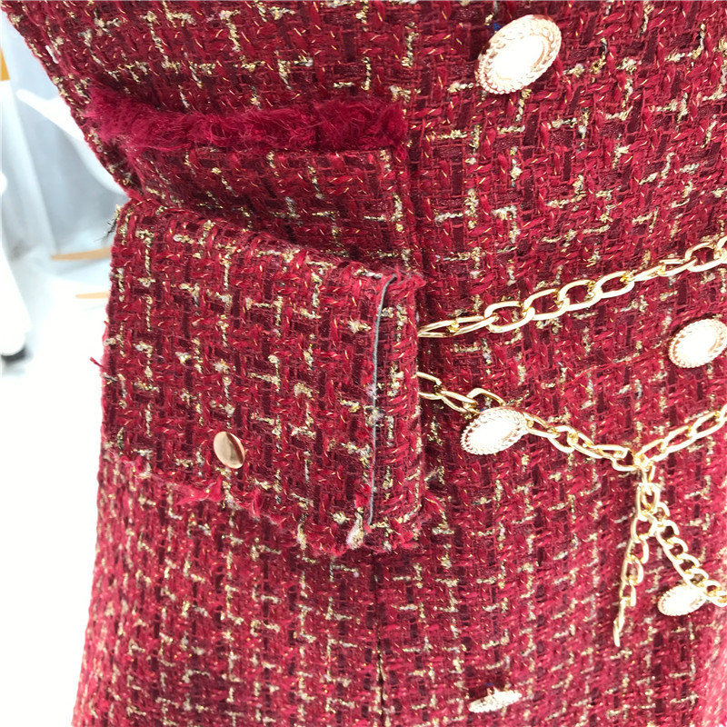 New Gold thread Plaid Suit Coat Women Notched Double breasted Feather Tassel Trim Slim Tweed Jacket With Free Belt bag 201216