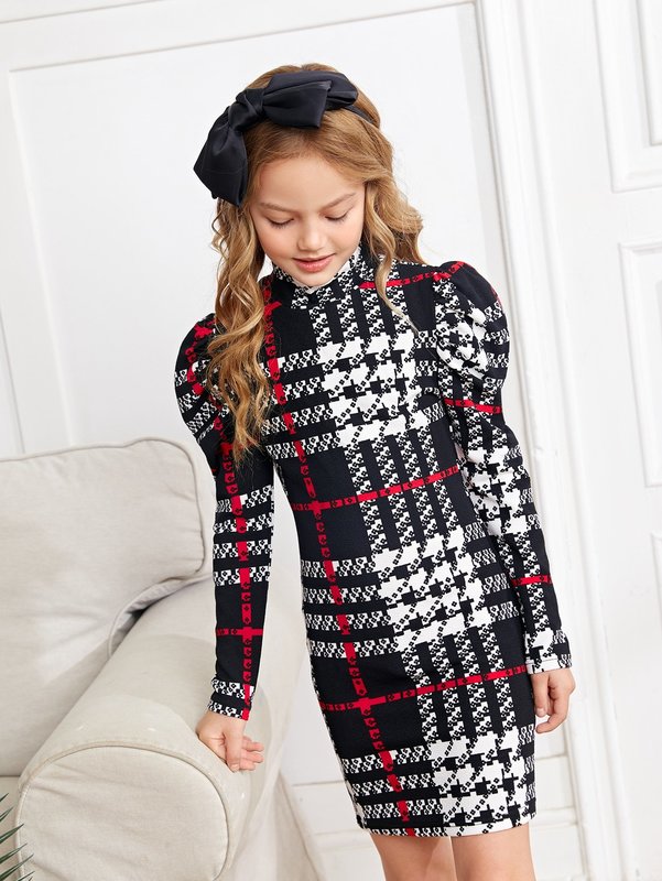 Girls Plaid Gigot Sleeve Mock Neck Dress SHE