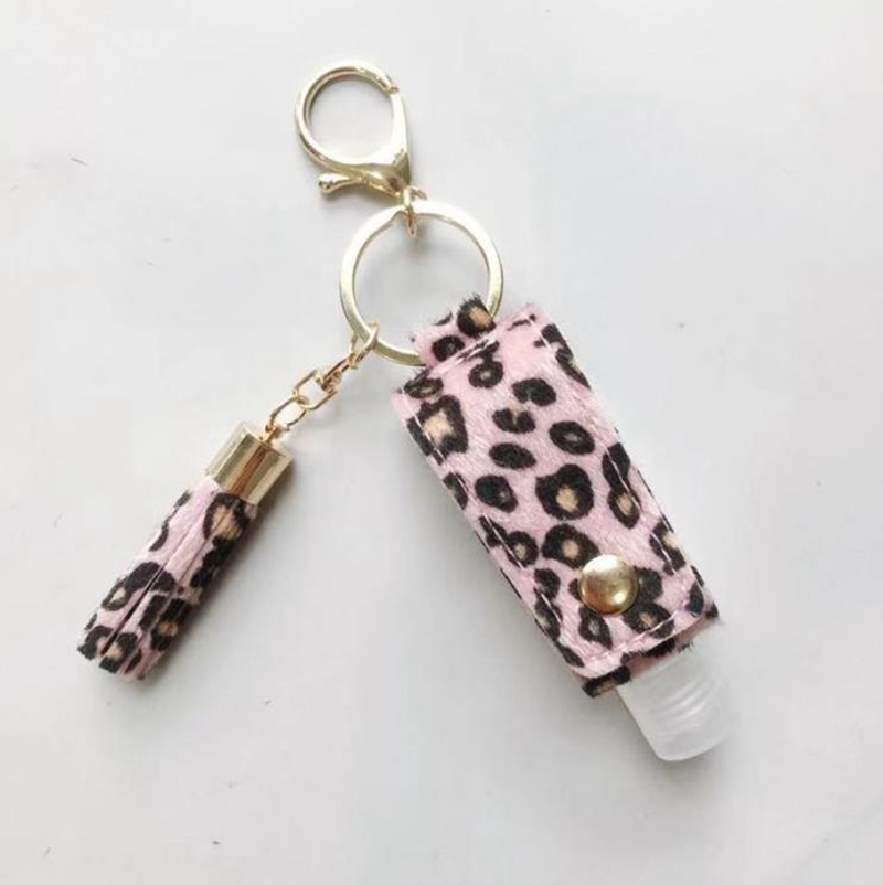 Leopard Sanitizer Keychain PU Leather Sanitizer Bottle Holder Tassels Keychain Plastic Travel Bottle Carrier Container Girl Gift 4 Style6206