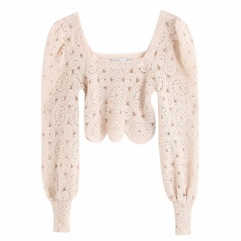 new women sexy hollow out embroidery lace short blouse lantern sleeve court shirt female retro square collar chemise tops LS4037 T200322