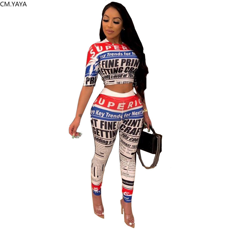 Women summer letter newspaper print short sleeve o-neck tee pencil pants suit two piece set sporty tracksuit outfit GLA8111 T200603