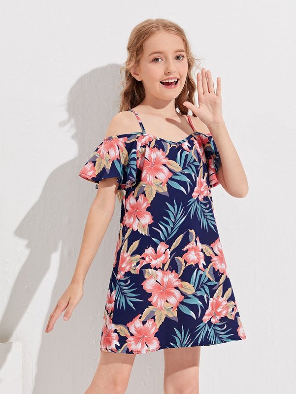 Girls Tropical Print Cold Shoulder Dress SHE