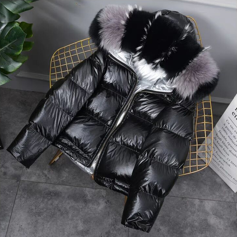FTLZZ New Gold Silver Double Side Down Coat Winter Jacket Women Big Aritificial Fur White Duck Down Parkas Female Down Outerwear 201019