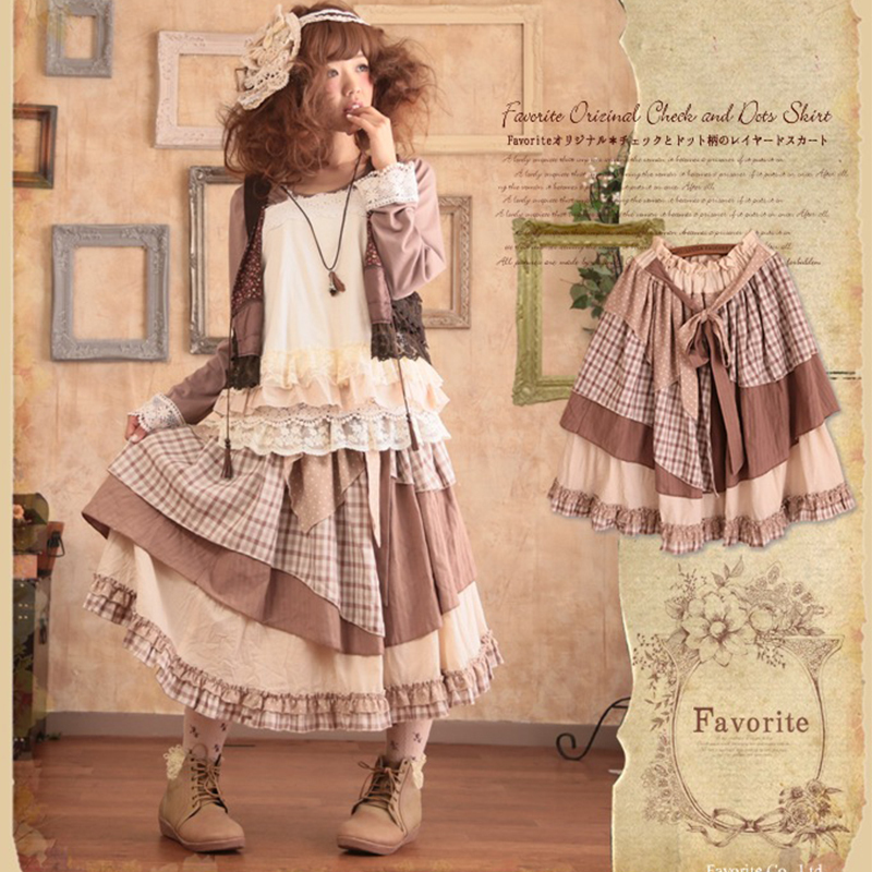 Spring Mori Girl Sweet Skirt Women' Multi Layer Patchwork Lace Vintage Plaid Lovely Cotton Lolita Female Pleated Skirts T248 T200113